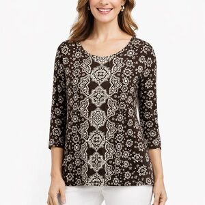 TALBOTS Women Pullover Blouse 100% Pima Cotton Brown Geo Print 3/4 Sleeve Large